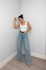 Straight High Waist Jeans with Subtle Glitter Details