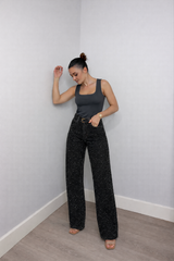Straight High Waist Jeans with Subtle Glitter Details