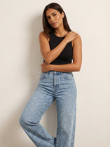 Straight High Waist Jeans with Subtle Glitter Details