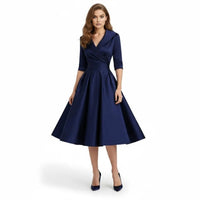Rochie midi retro cu decolteu în V și fustă amplă
