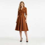 Rochie midi retro cu decolteu în V și fustă amplă