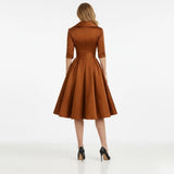 Rochie midi retro cu decolteu în V și fustă amplă