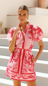 Women's Puff Sleeve Mini Dress with Floral Print and Relaxed Fit