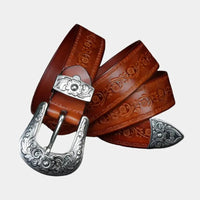 Męski pasek skórzany w stylu western - grawerowana klamra, klasyczny styl kowbojski