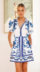 Women's Puff Sleeve Mini Dress with Floral Print and Relaxed Fit