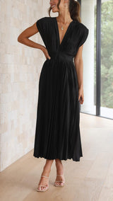 Audrelia – Pleated Midi Dress Deep V Elegant