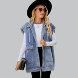 Kyverra - Gilet con cappuccio in denim da donna dall'aspetto usurato