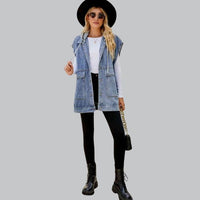 Kyverra - Gilet con cappuccio in denim da donna dall'aspetto usurato