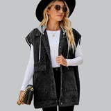 Kyverra - Gilet con cappuccio in denim da donna dall'aspetto usurato