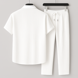 Men's Linen-Style Summer Set with Drawstring Pants and Relaxed Fit Shirt