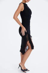 Women Ruched Sleeveless Midi Wedding Guest Dress