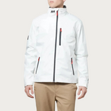 Giacca impermeabile bianca Helly Hansen da uomo, con zip nera e dettagli rossi, ideale per attività outdoor. Design moderno e funzionale.