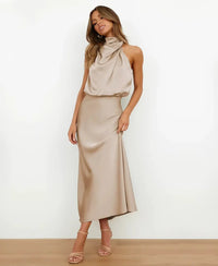 Solmira - Vestido midi halter sin mangas para mujer