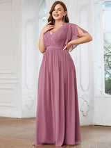 V-Neck Flutter Sleeve Floor-Length A-Line Chiffon Evening Dress #color_Purple Orchid