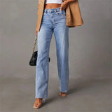 Broek denim dames lichtblauw wijde pijpen front view