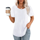 Women's Summer Shirt with Round Neck and Pleat Details