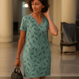 Image of Women's V-Neck Leaf Print Short Sleeve Dress