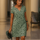 Image of Women's V-Neck Leaf Print Short Sleeve Dress