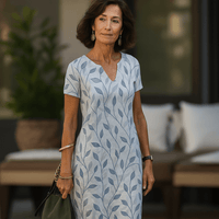 Image of Women's V-Neck Leaf Print Short Sleeve Dress