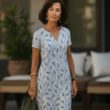 Image of Women's V-Neck Leaf Print Short Sleeve Dress