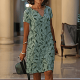 Image of Women's V-Neck Leaf Print Short Sleeve Dress