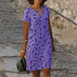 Image of Women's V-Neck Leaf Print Short Sleeve Dress